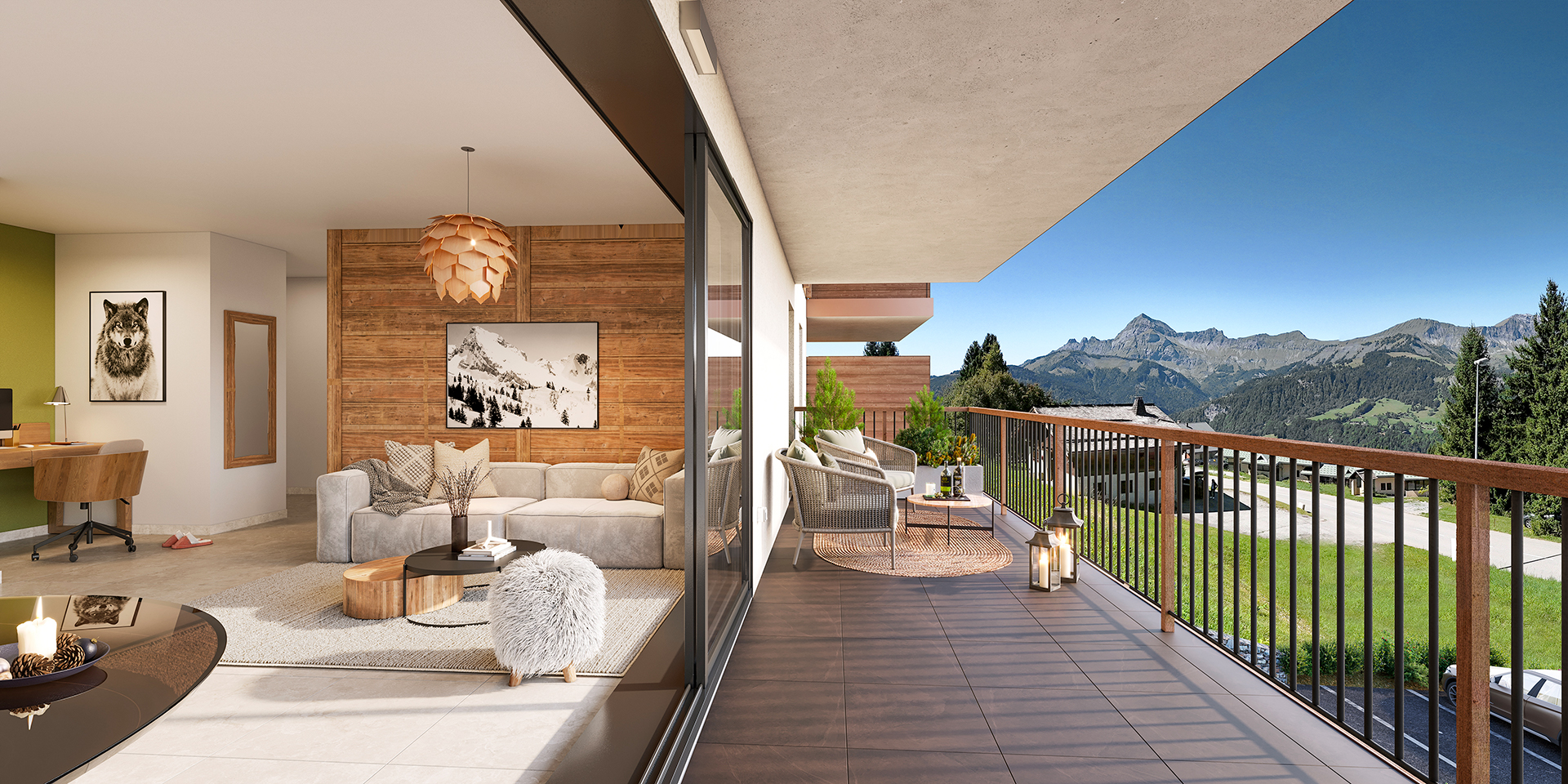 Perspective intérieure et vue terrasse d'un appartement du Chalet Varoche (illustration non contractuelle)